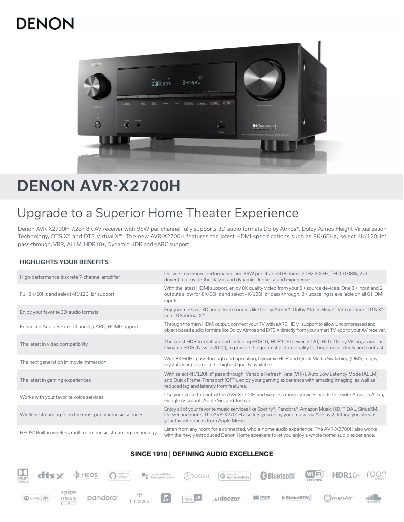 Page 1 of the manual Technical Sheet Denon AVR-X2700H