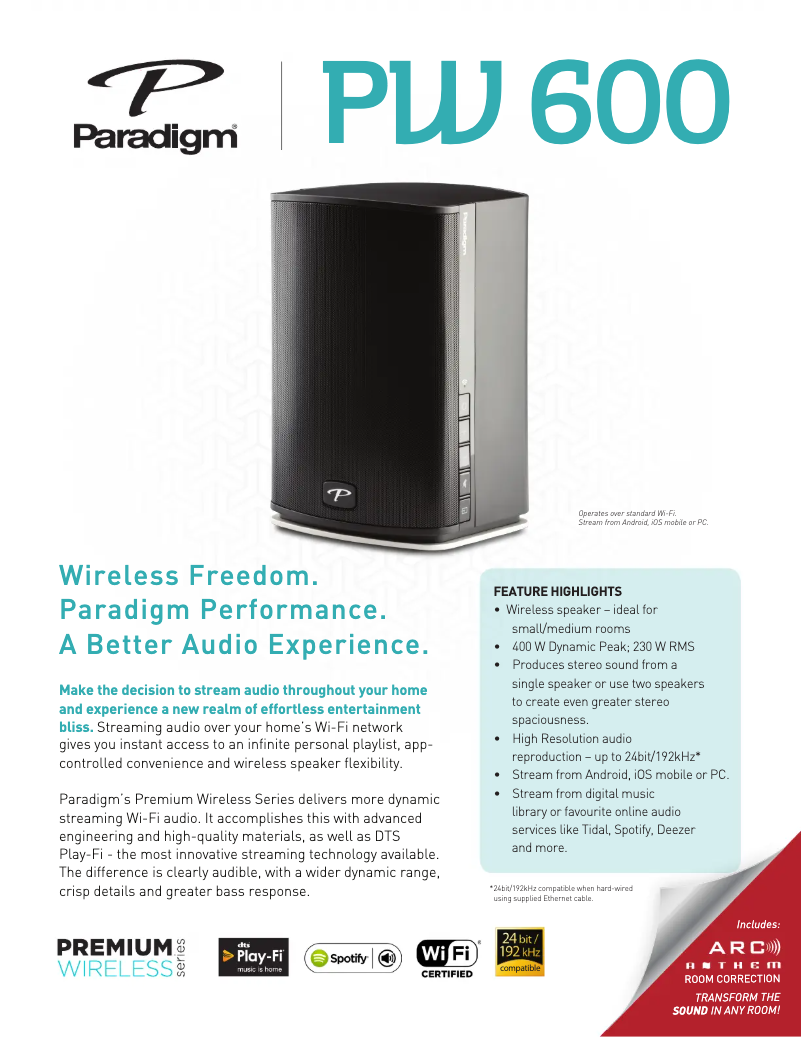Page 1 of the manual Technical Sheet Paradigm PW 600