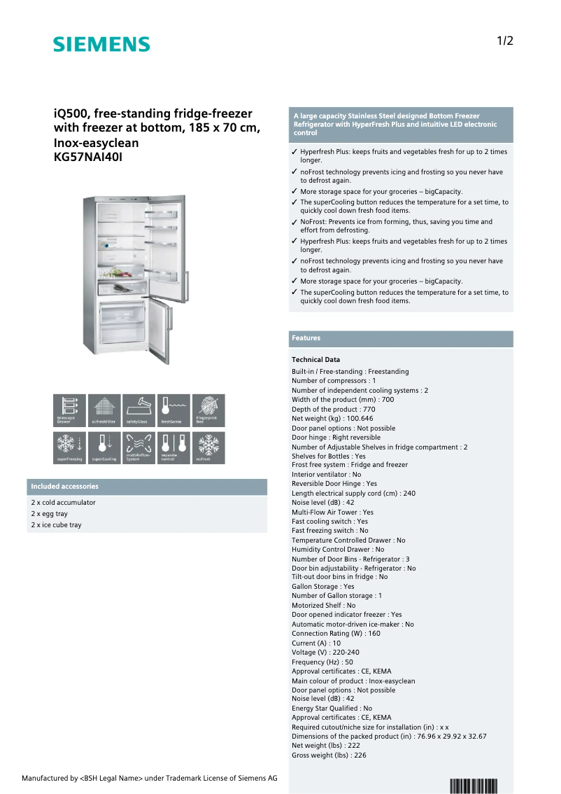 Page 1 of the manual Technical Sheet Siemens KG57NAI40I