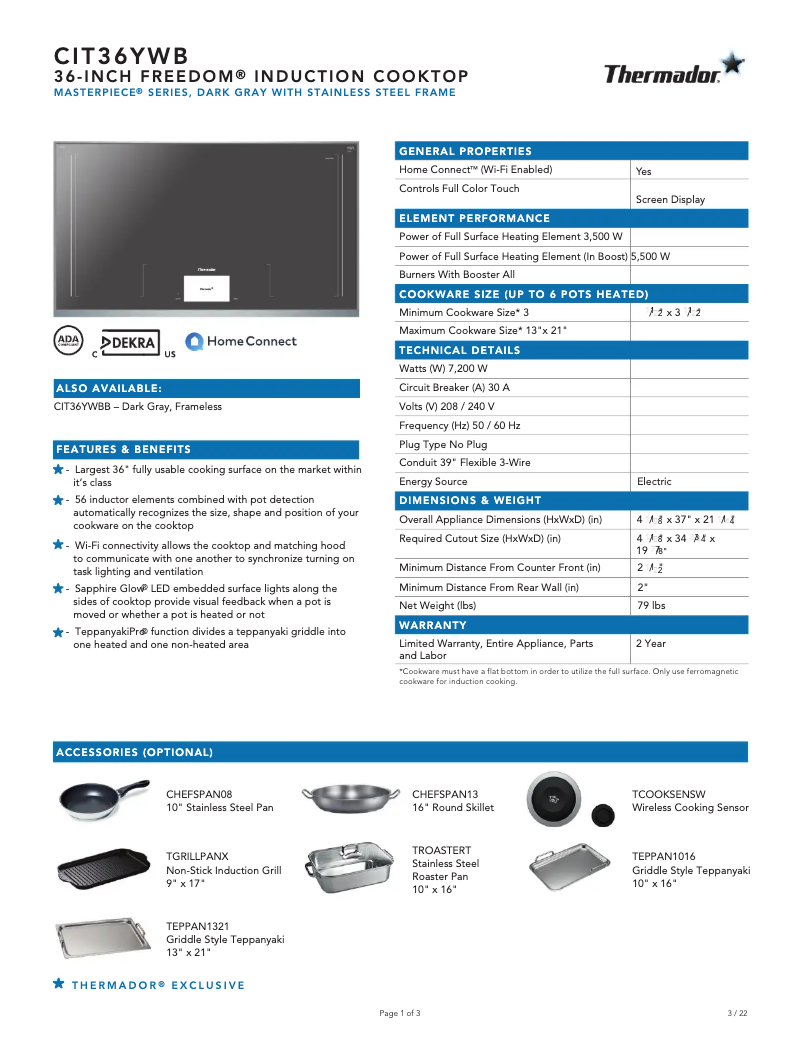 Page 1 of the manual Technical Sheet Thermador CIT36YWB