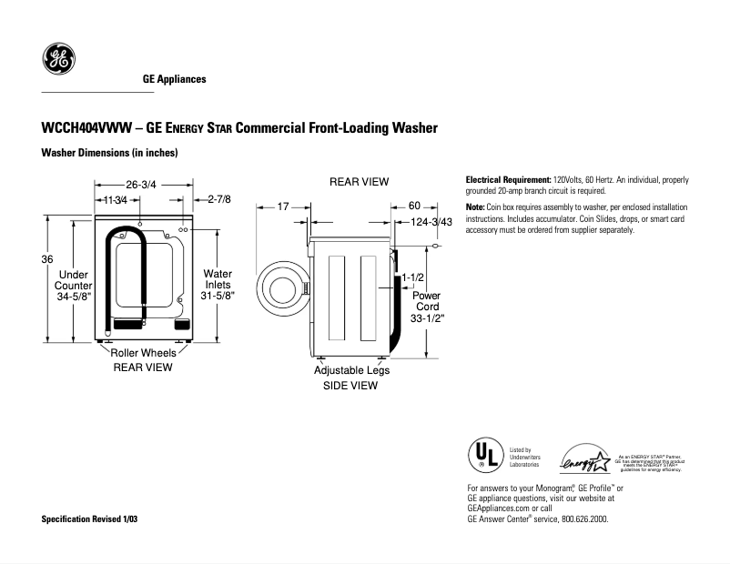 Page 1 of the manual Technical Sheet GE WCCH404VWW
