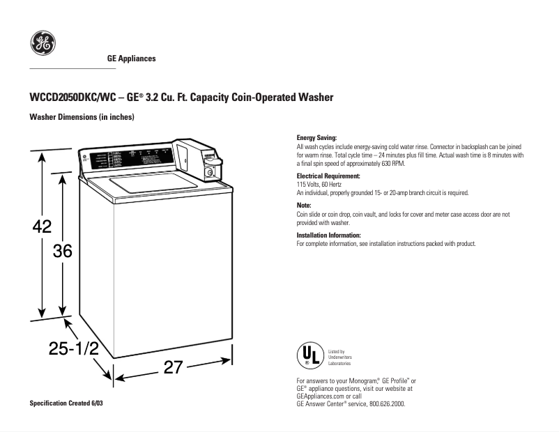 Page 1 of the manual Technical Sheet GE WCCD2050DKC