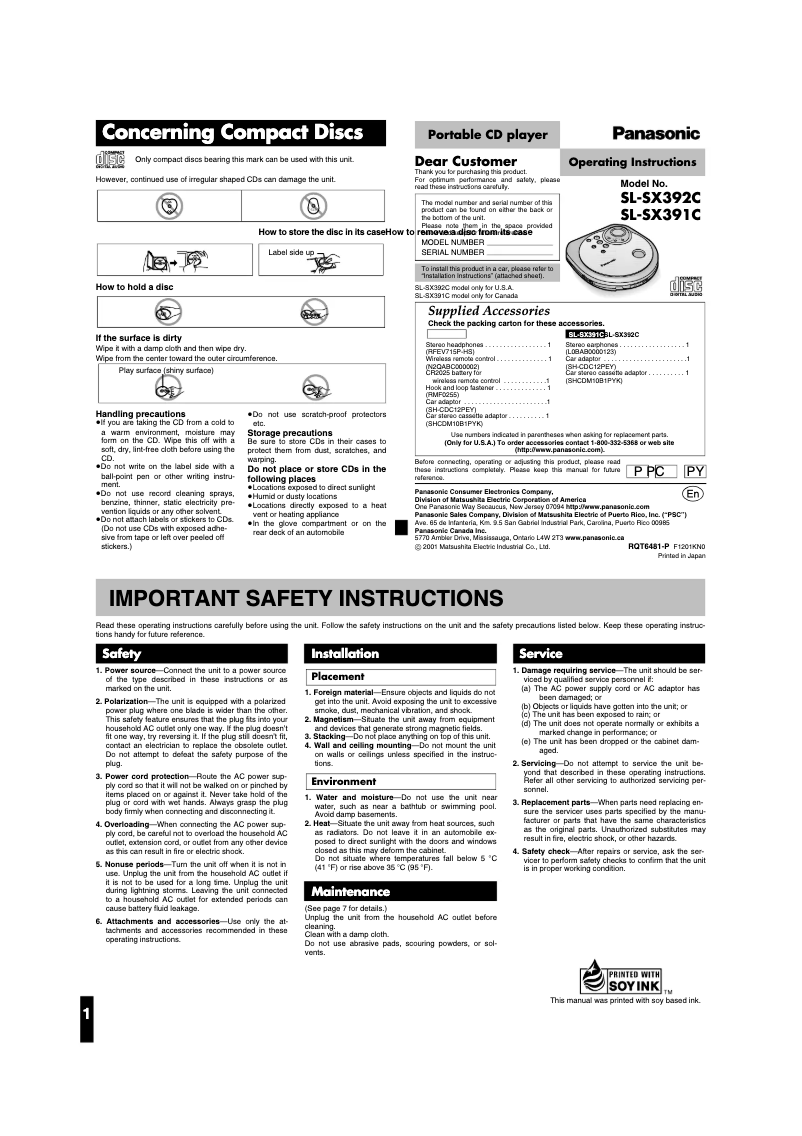 First page image of the manual for SL-SX391C