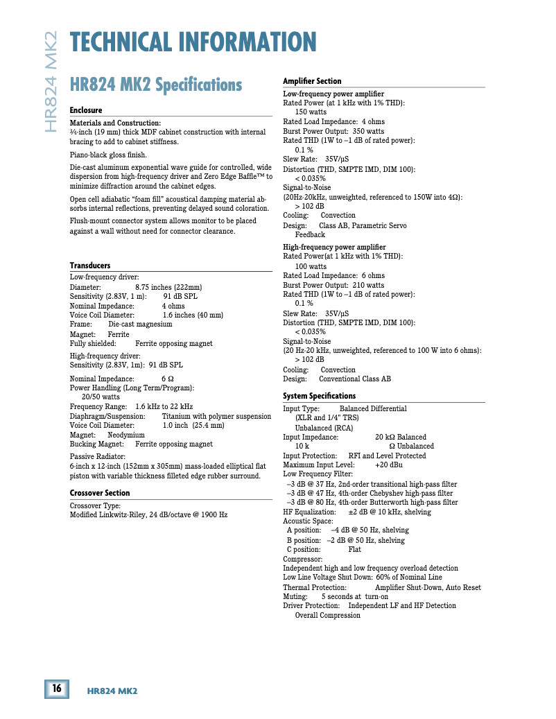 Page 1 of the manual Technical Sheet Mackie HR824mk2