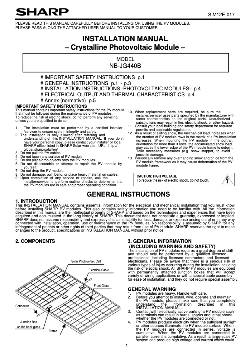 Page 1 of the manual User Manual Sharp NB-JG440B