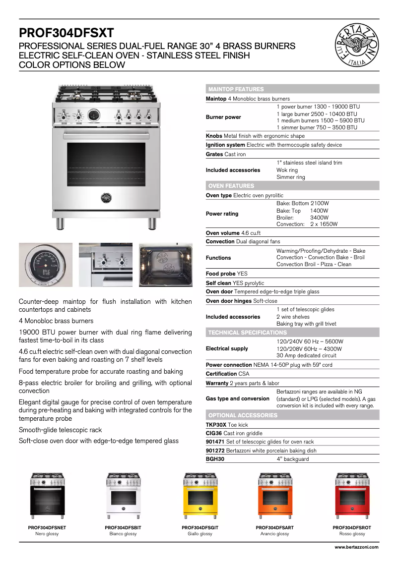 Page 1 of the manual Technical Sheet Bertazzoni PROF304DFSART