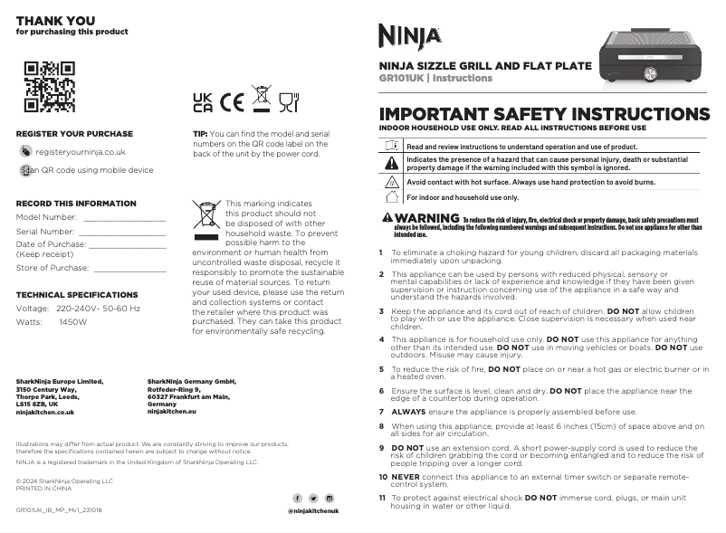 Page 1 of the manual User Manual Ninja Ninja Sizzle GR101UK