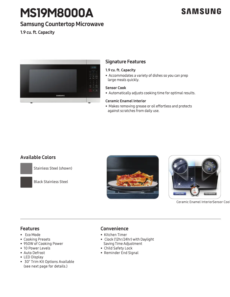 Page 1 of the manual Technical Sheet Samsung MS19M8000AS