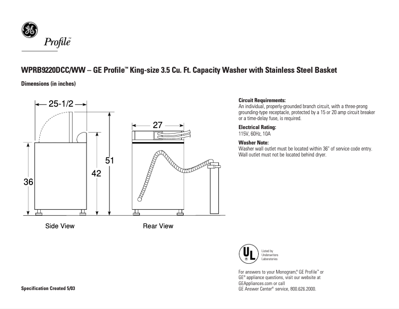 Page 1 of the manual Technical Sheet GE Profile WPRB9220DCC
