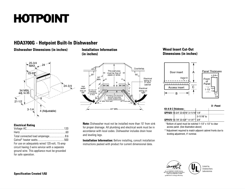Page 1 of the manual Technical Sheet Hotpoint HDA3700GBB