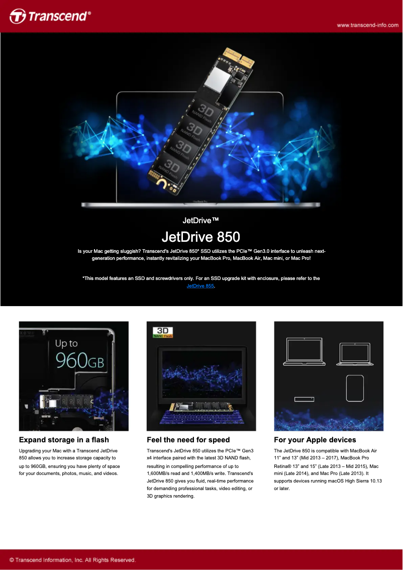 Page 1 of the manual Technical Sheet Transcend JetDrive 850