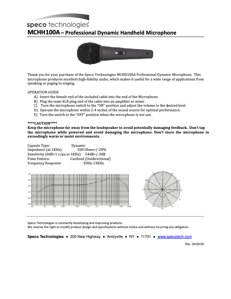 Page 1 of the manual User Manual Speco Technologies MCHH100A