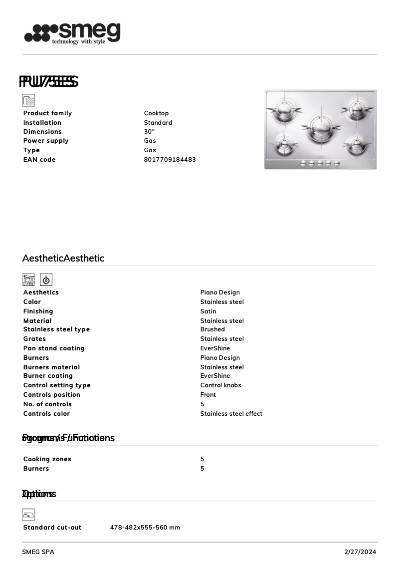 Page 1 of the manual Technical Sheet Smeg PU75ES