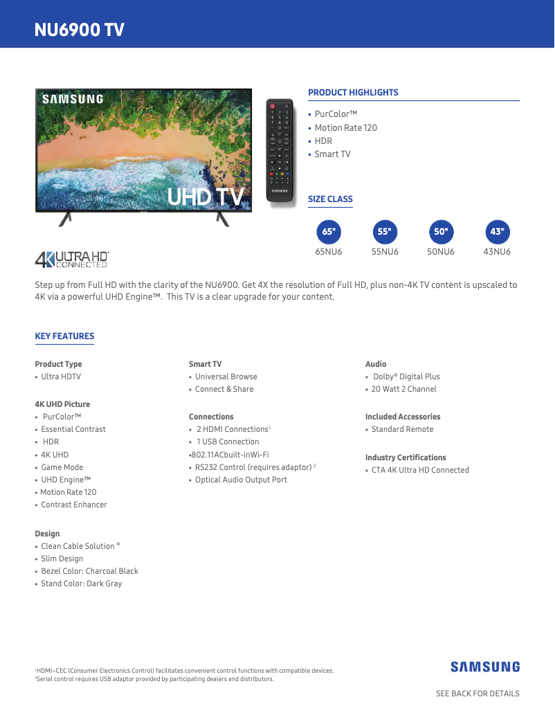 Page 1 of the manual Technical Sheet Samsung UN65NU6900FXZA