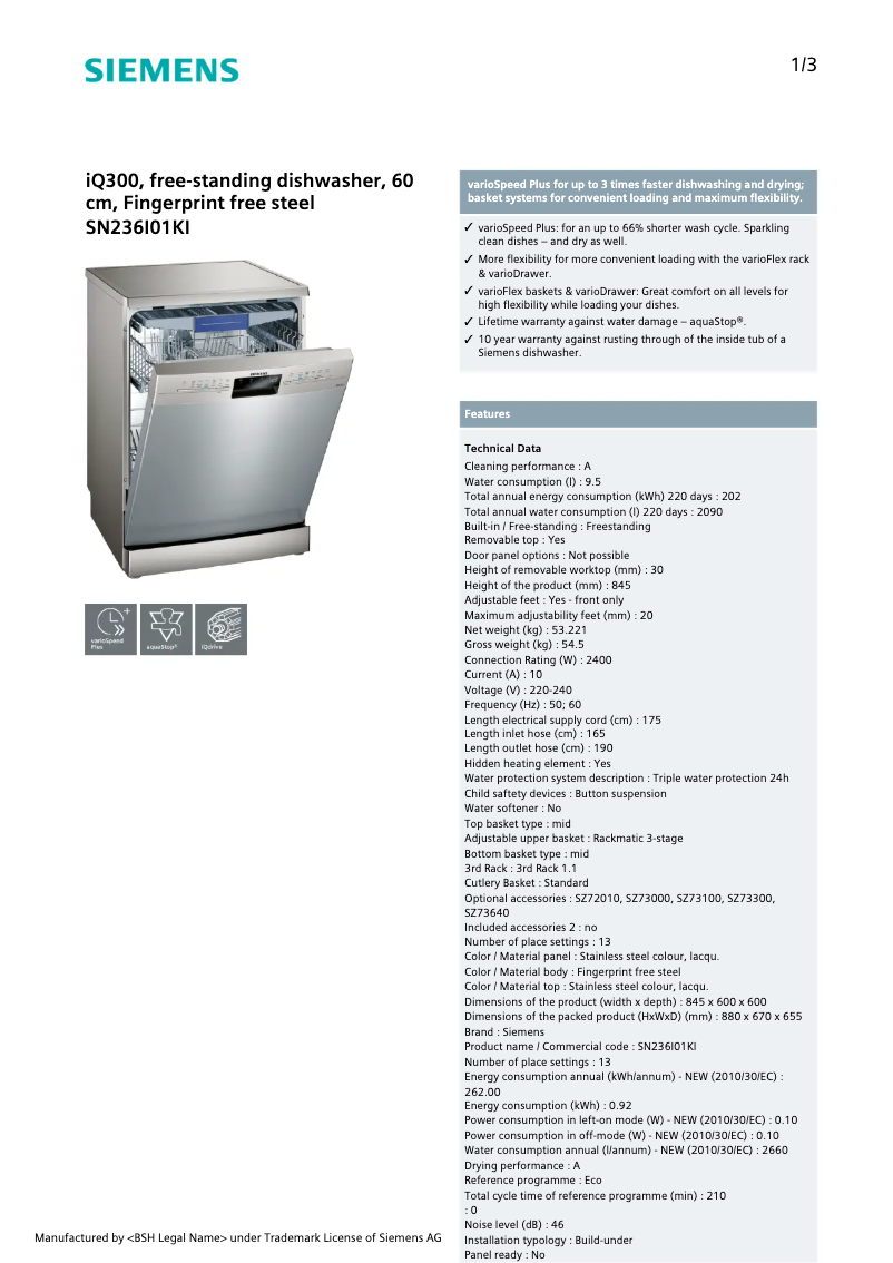 Page 1 of the manual Technical Sheet Siemens SN236I01KI