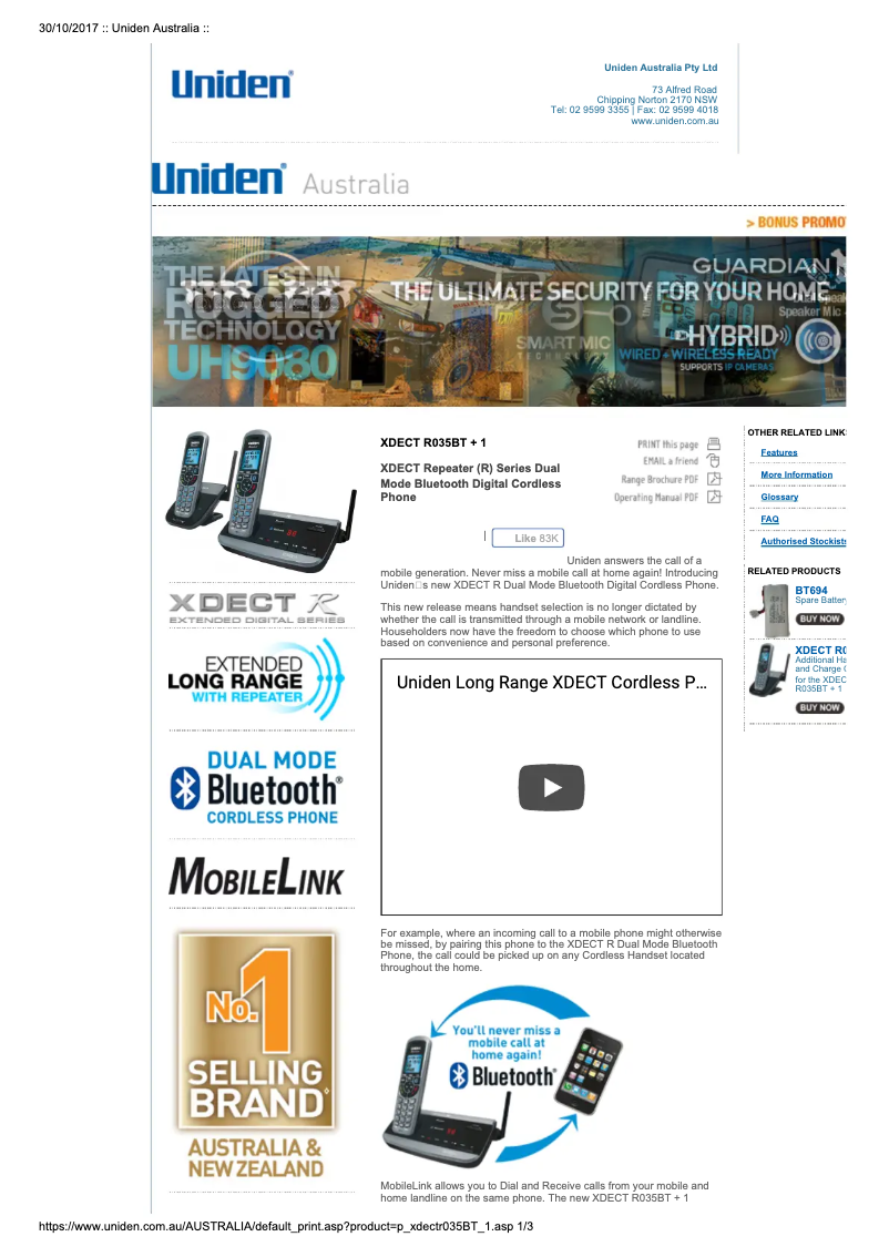 Page 1 of the manual User Manual Uniden XDECT R035BT