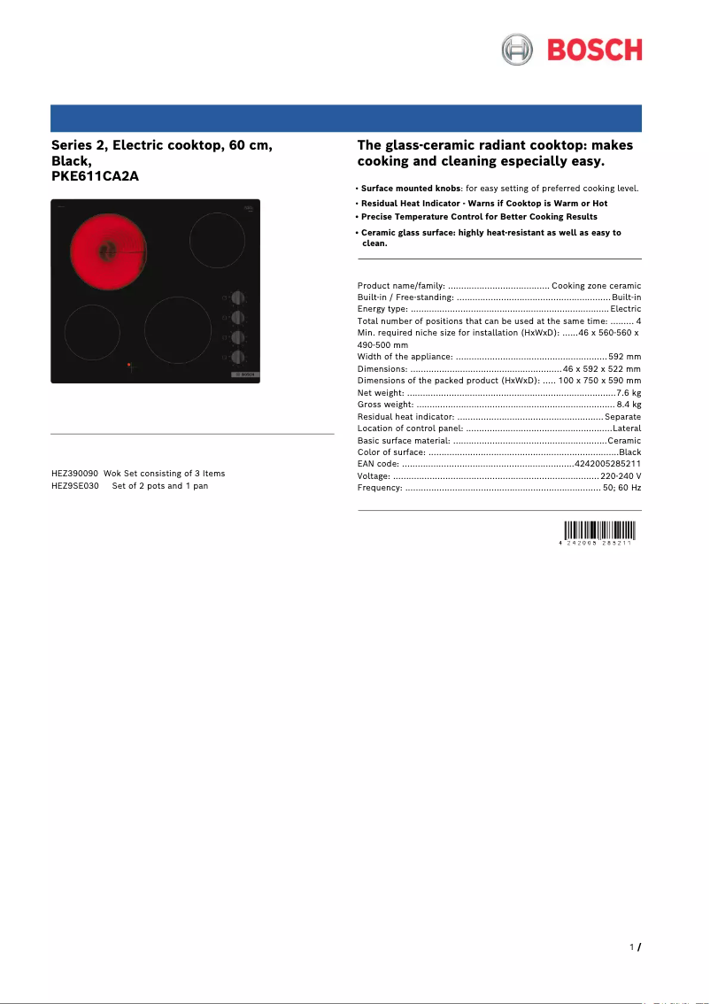 Page 1 of the manual Technical Sheet Bosch PKE611CA2A