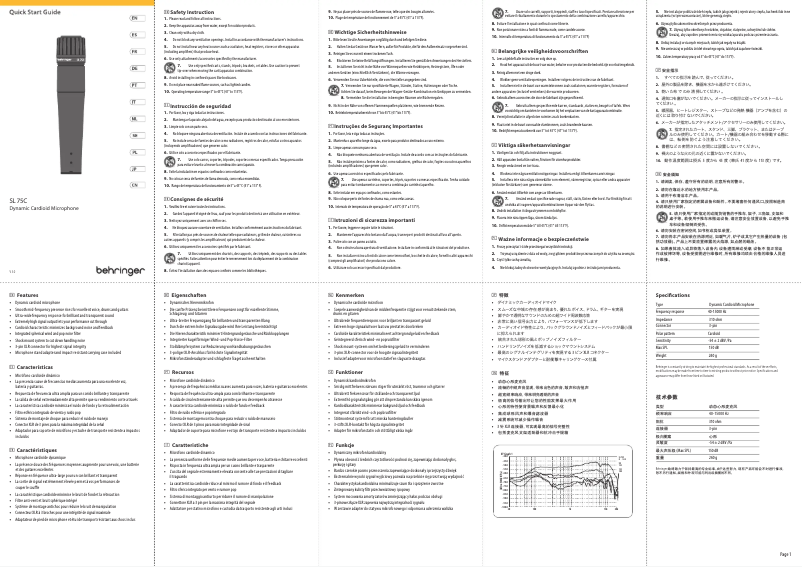 Page 1 de la notice Guide de démarrage rapide Behringer SL 75C