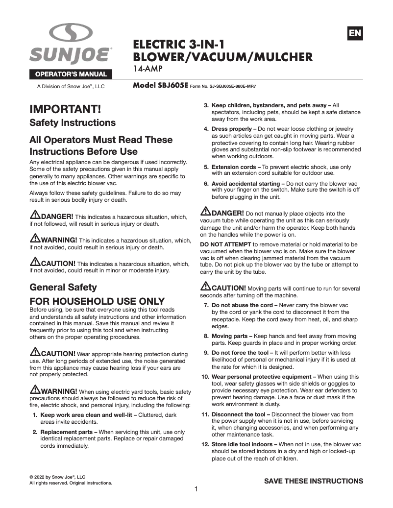 Page 1 of the manual User Manual Sun Joe BDL-A0042