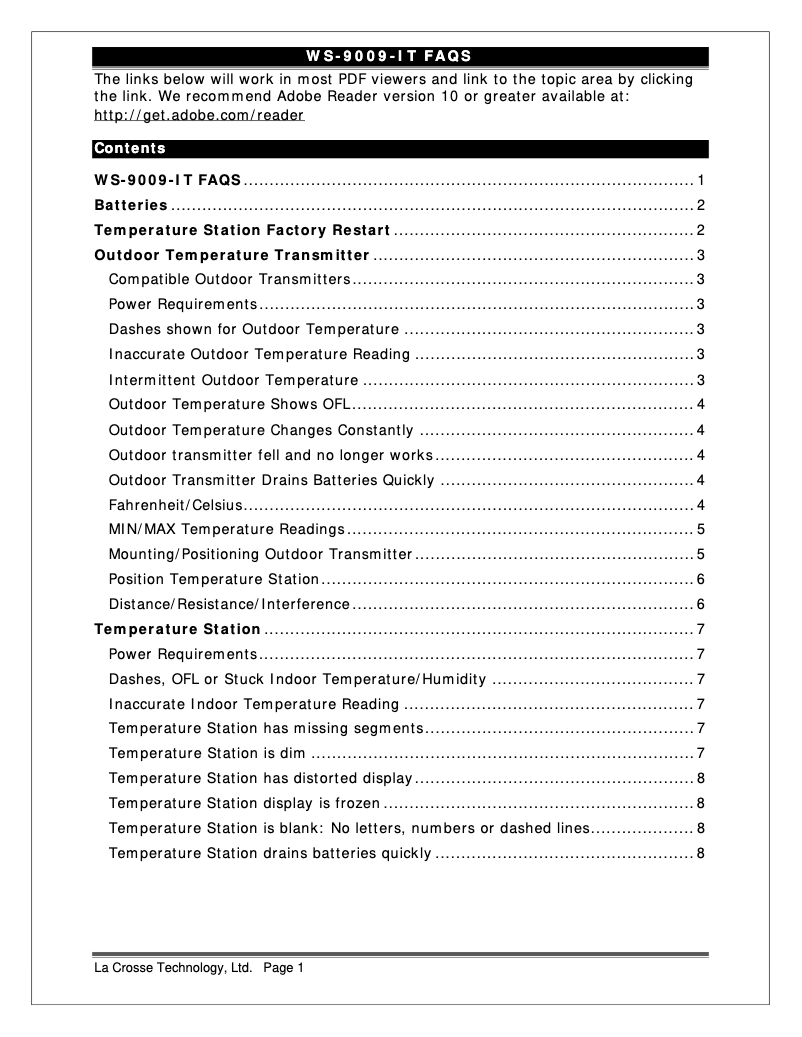 Page 1 of the manual FAQ La Crosse Technology WS-9009BK-IT