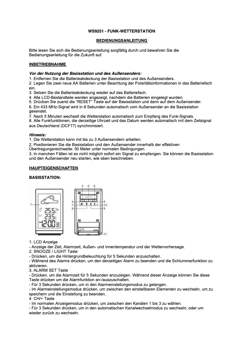 First page image of the manual for WS 9251