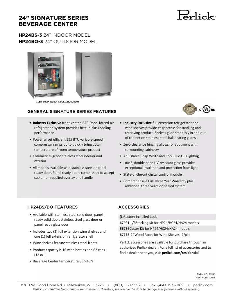 Page 1 of the manual Technical Sheet Perlick Signature Series HP24BO-3-1R