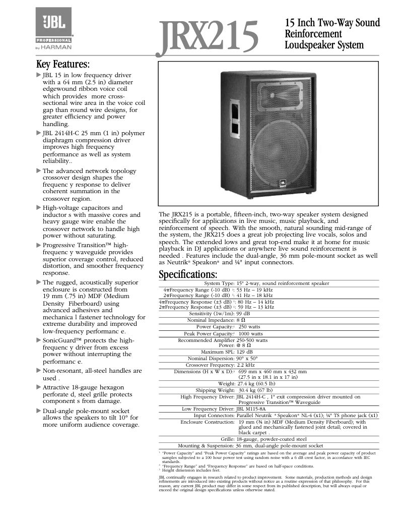 Page 1 of the manual Technical Sheet JBL JRX215