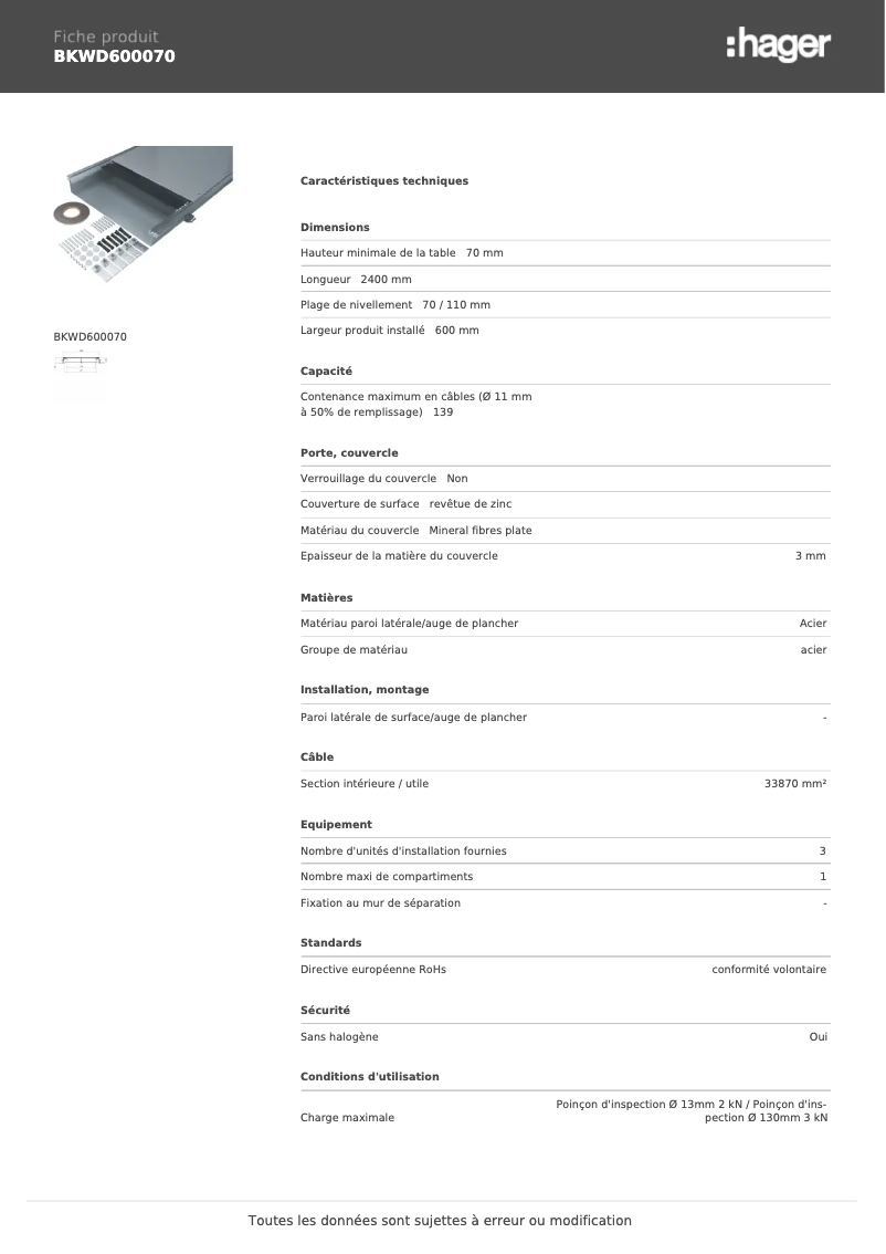 Page 1 of the manual Technical Sheet Hager BKWD600070