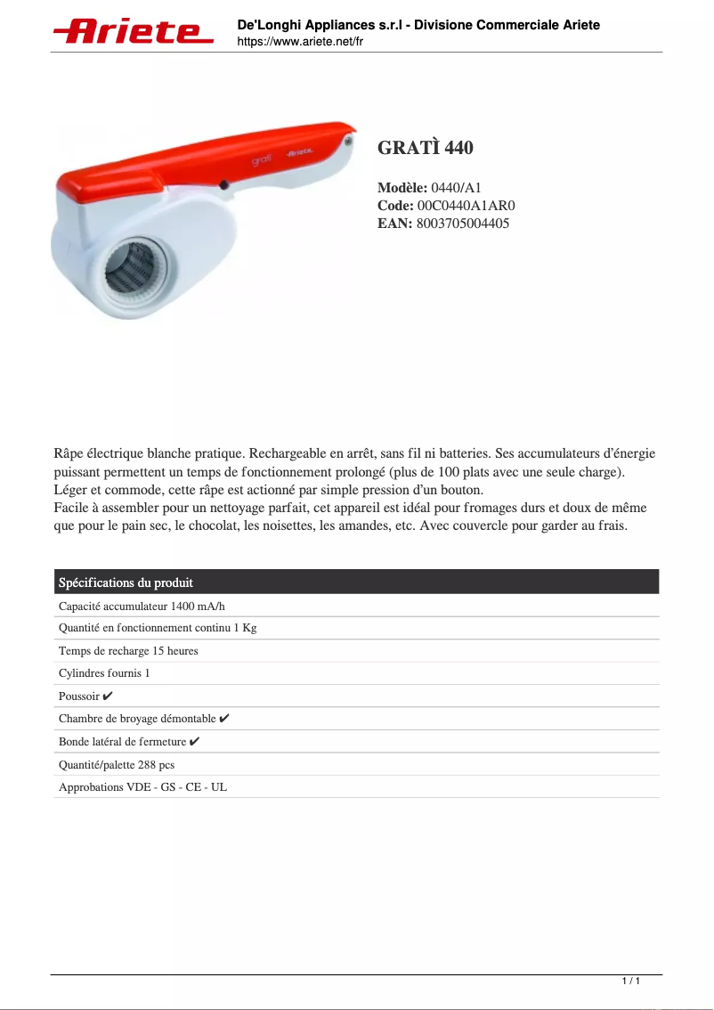 Page 1 de la notice Fiche technique Ariete Gratì 0440