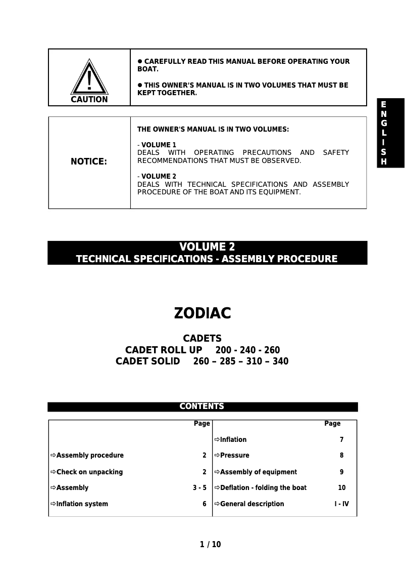 Page 1 of the manual User Manual Zodiac Cadet 310 Solid