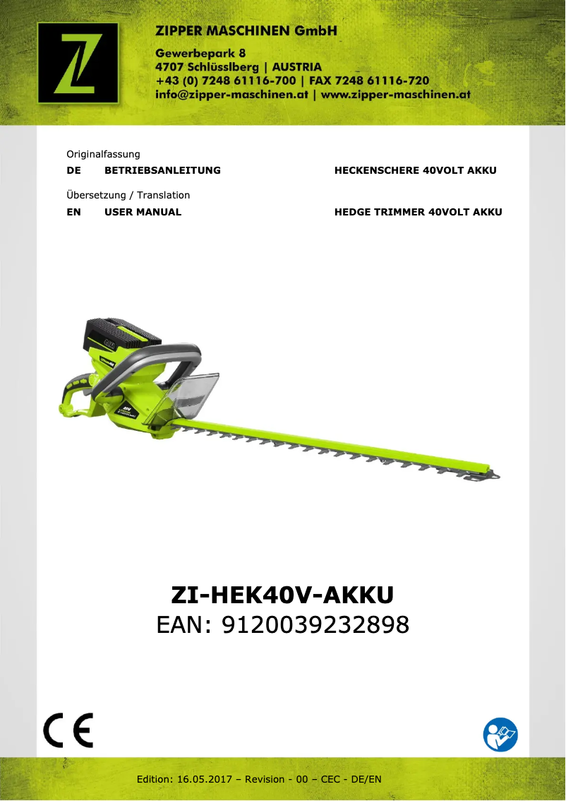 Page 1 de la notice Manuel utilisateur Zipper ZI-HEK40V-AKKU