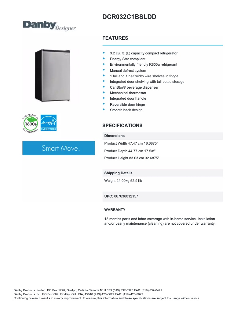 Page 1 of the manual Technical Sheet Danby DCR032C1