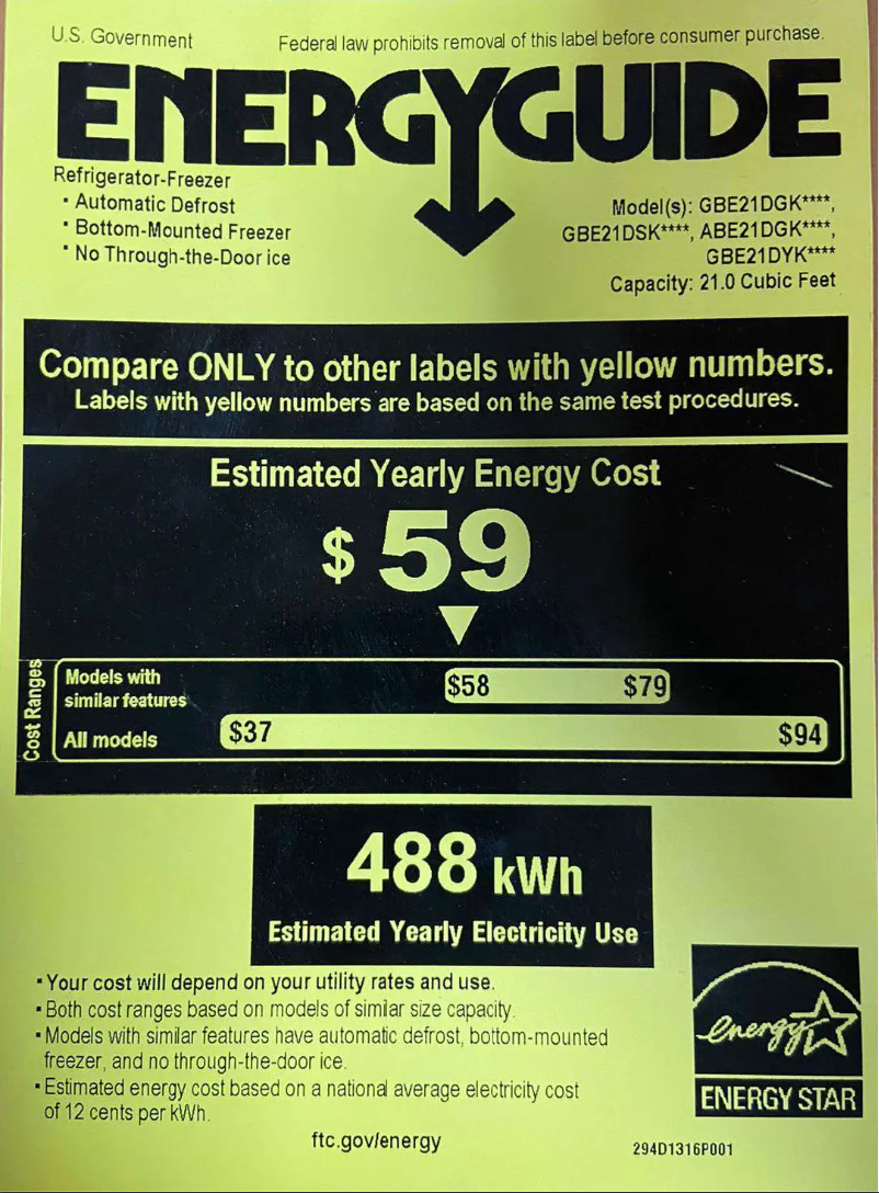 Page 1 of the manual Energy Label GE GBE21DGKBB