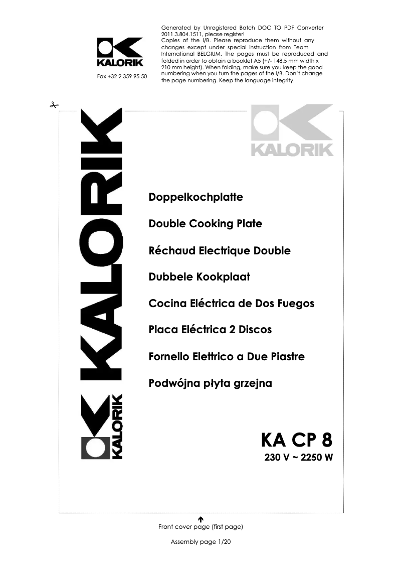 First page image of the manual for KA CP 8