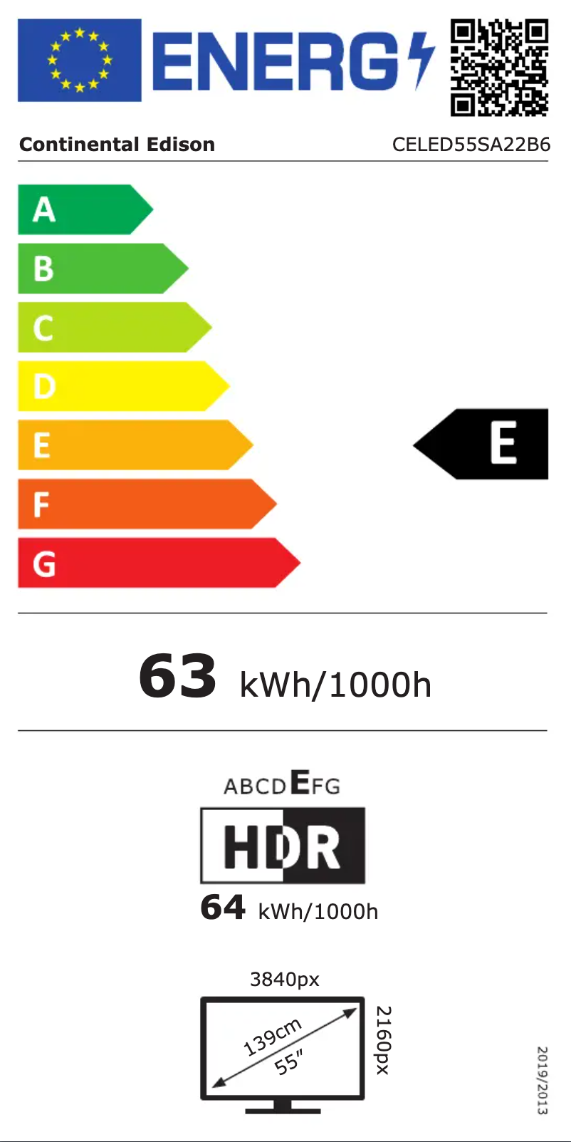 Page 1 of the manual Energy Label Continental Edison CELED55SA22B6