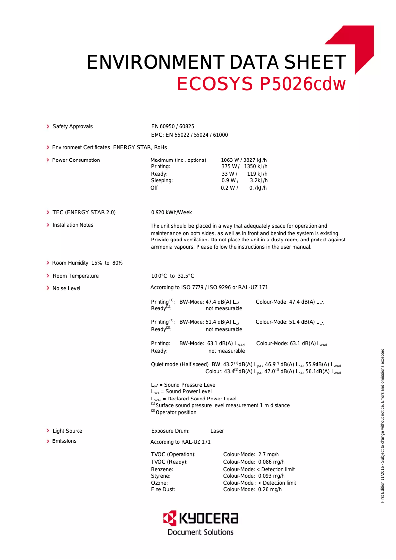 Page 1 of the manual Technical Sheet Kyocera ECOSYS P5026cdw