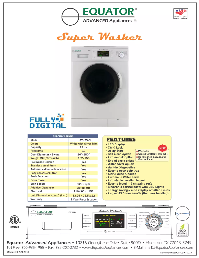 Page 1 of the manual Technical Sheet Equator EW824NED860