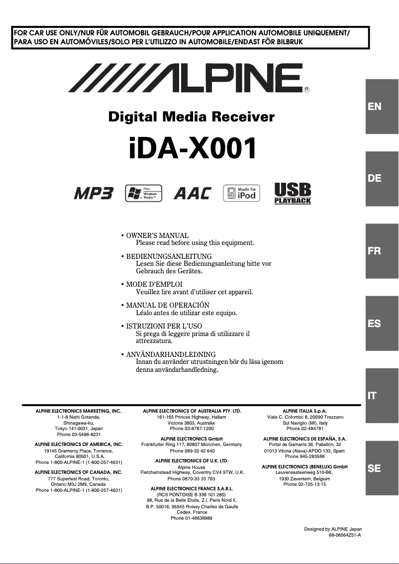 Page 1 of the manual User Manual Alpine iDA-X001