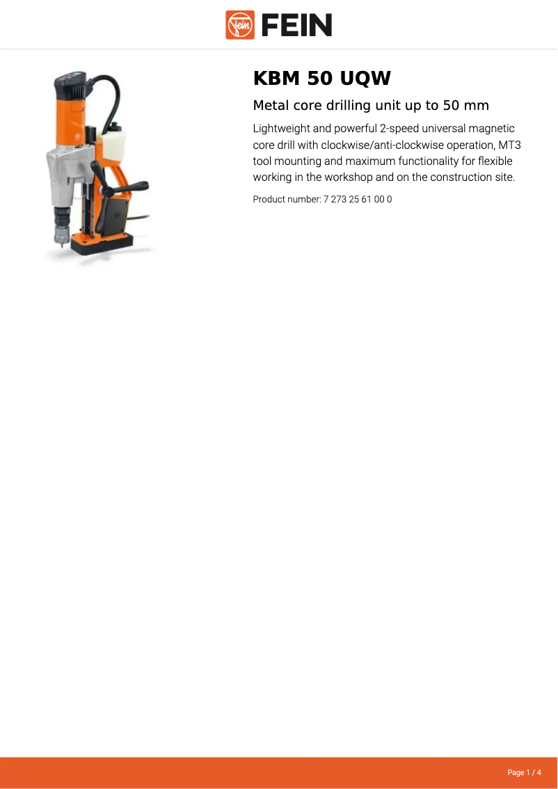 Page 1 of the manual Technical Sheet Fein KBM 50 UQW