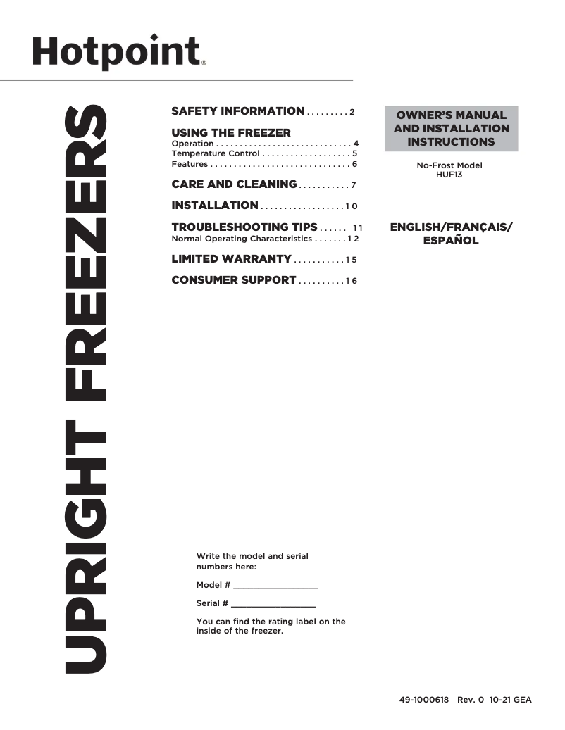 First page image of the manual for HUF13STRWW