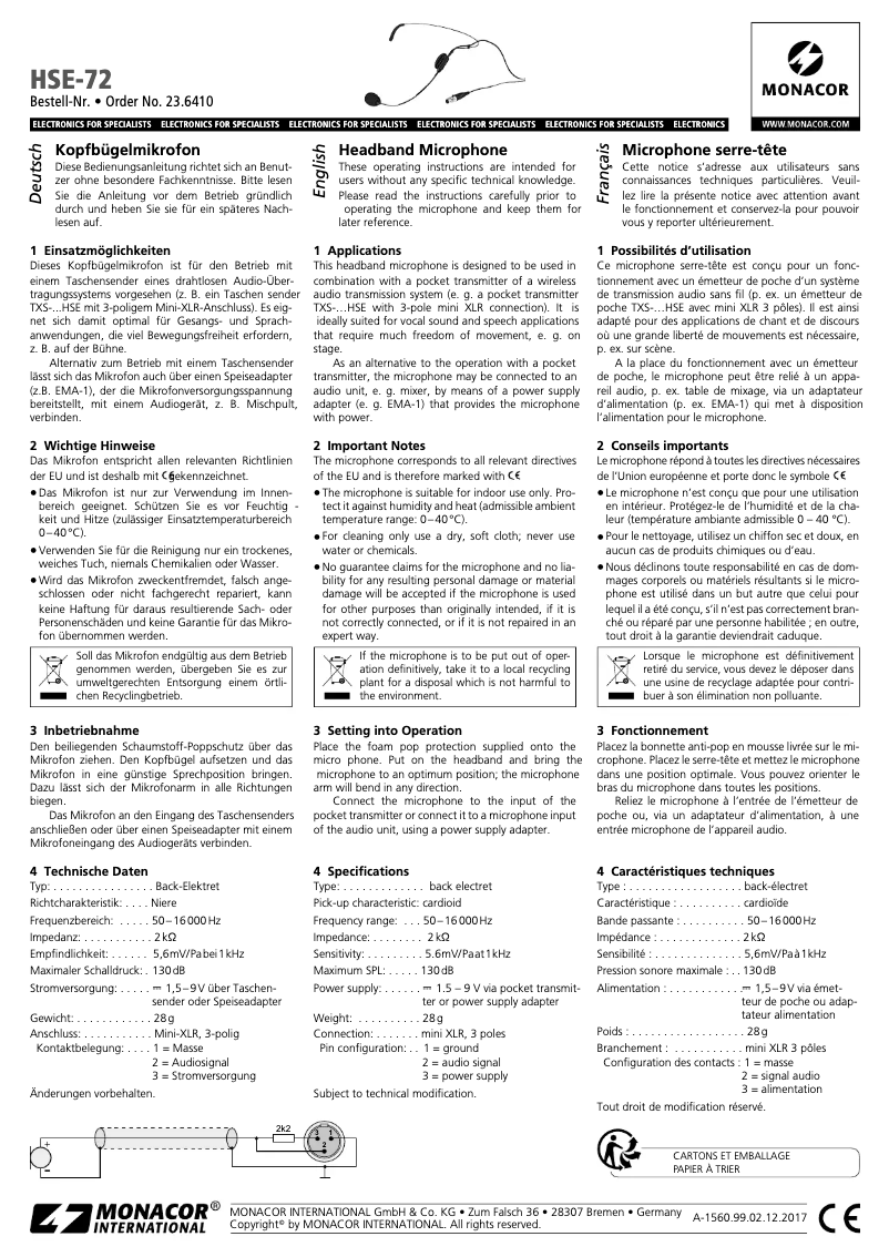 Page 1 of the manual User Manual Monacor HSE-72