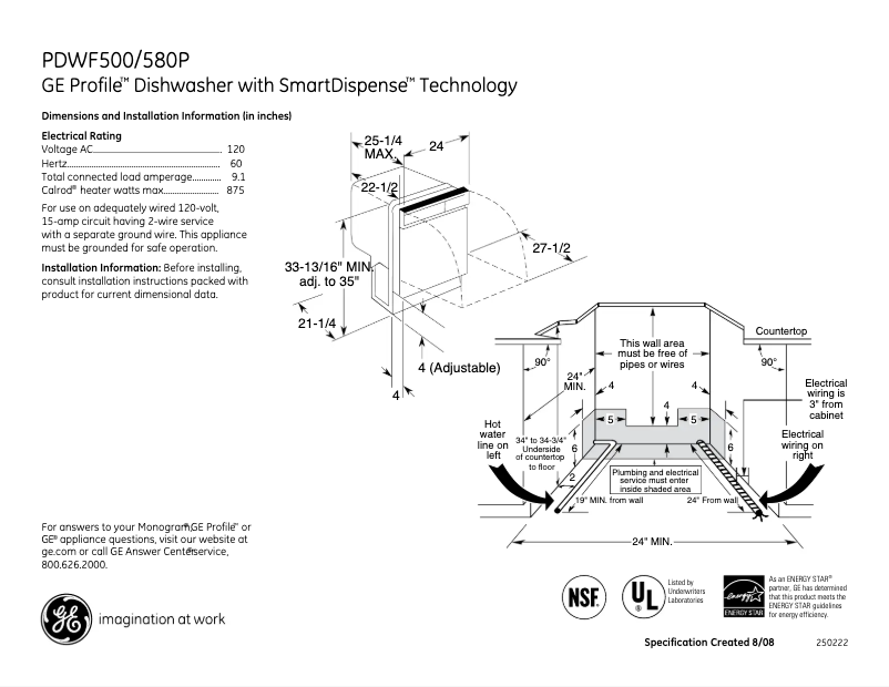 Page 1 of the manual Technical Sheet GE Profile PDWF580PSS