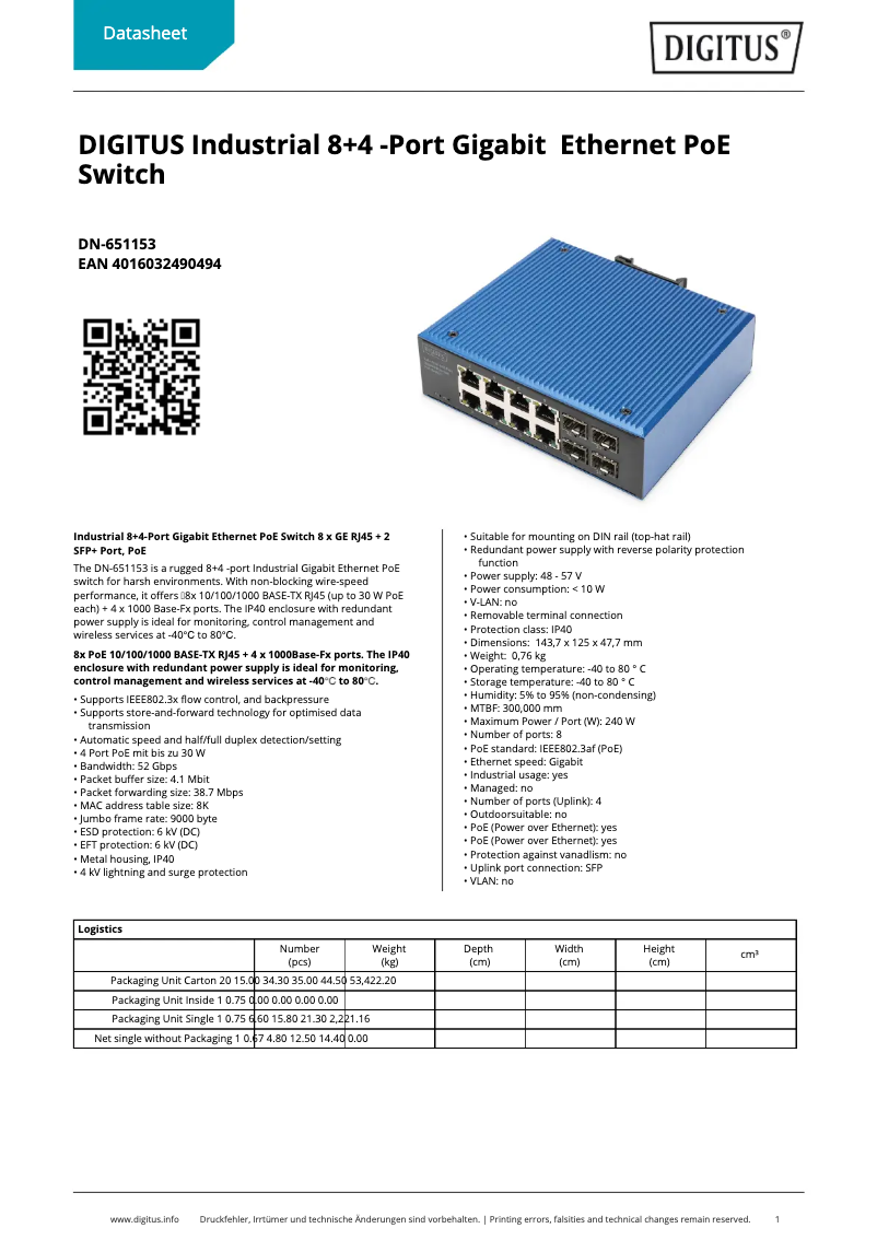 Page 1 of the manual Technical Sheet Digitus DN-651153