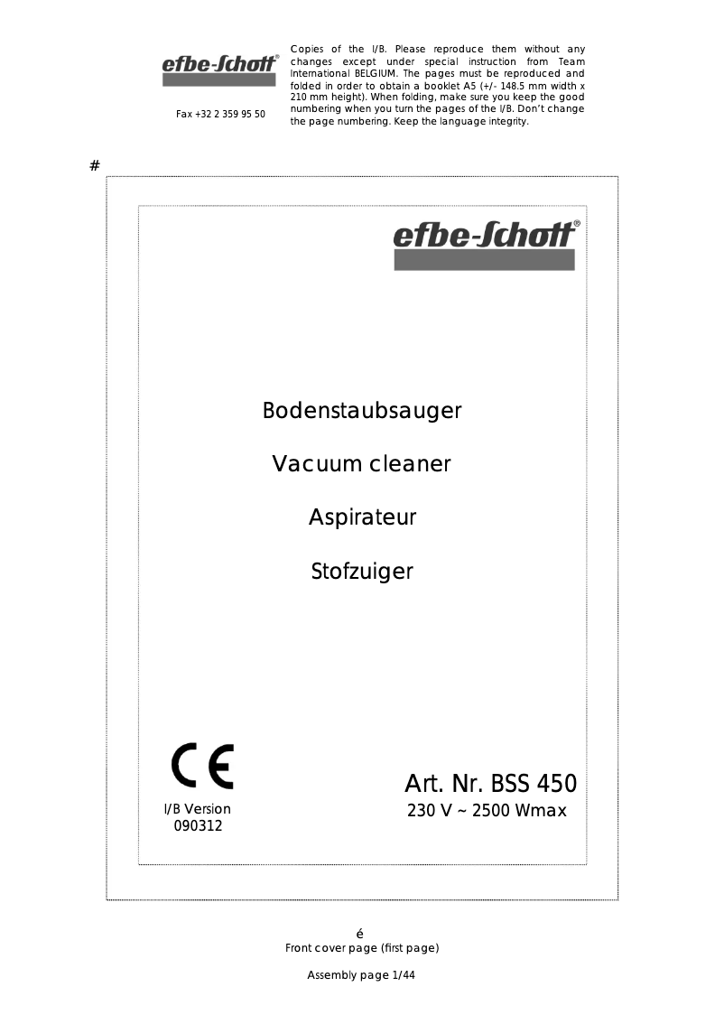 Page 1 of the manual User Manual Efbe-Schott BSS 450