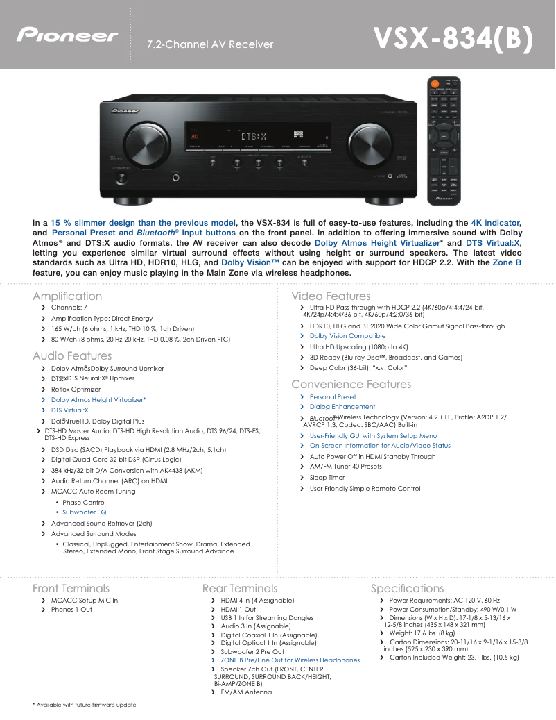 Page 1 of the manual Technical Sheet Klipsch VSX-834