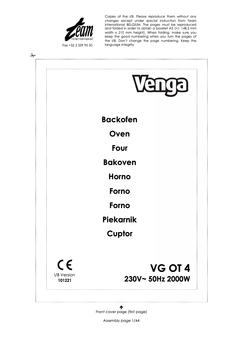 First page image of the manual for VG OT 4
