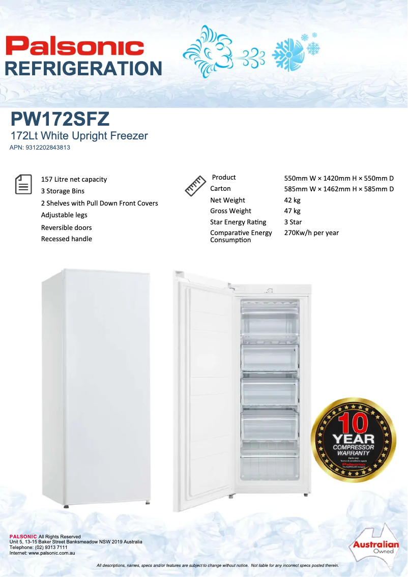 Page 1 of the manual Technical Sheet Palsonic PW172SFZ