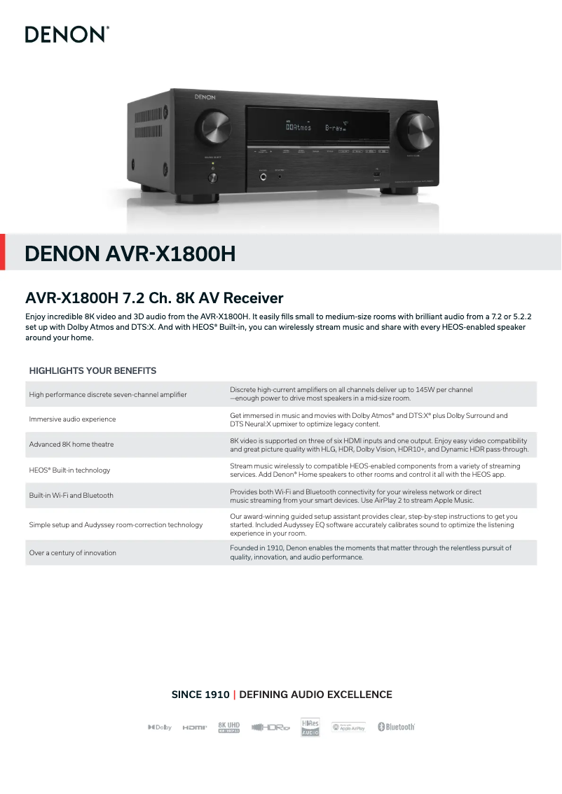 First page image of the manual for AVR-X1800H
