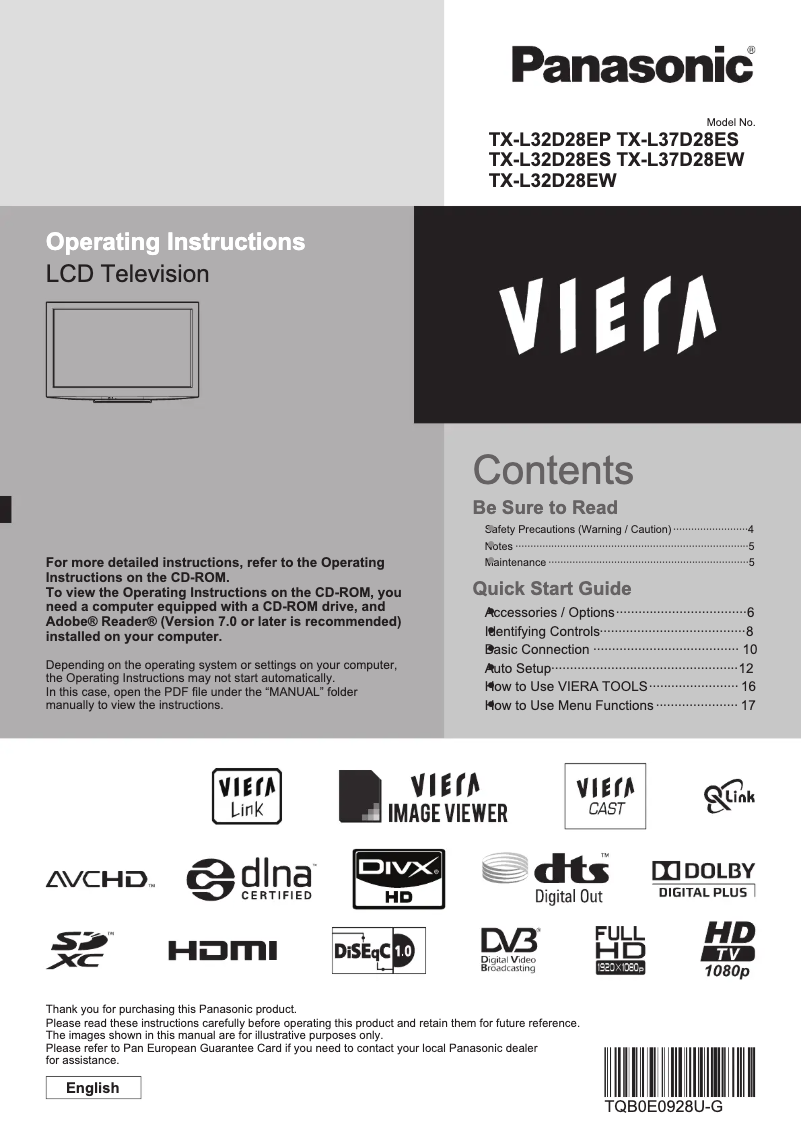 Page 1 of the manual User Manual Panasonic Viera TX-L32D28EW