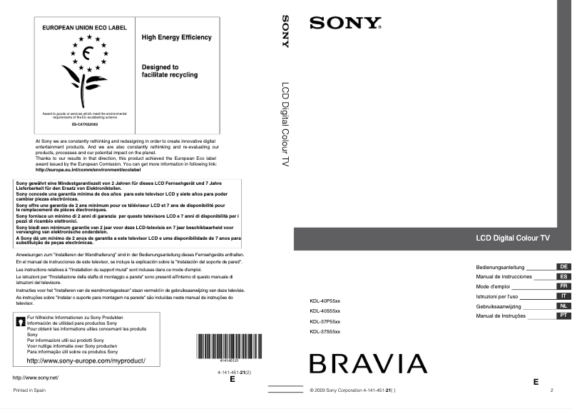 Page 1 of the manual User Manual Sony Bravia KDL-37S5500